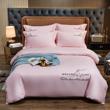 91家纺网 家纺一手货源 找家纺 U品汇春夏新品60s长绒棉绣花全棉刺绣四件套梅花鹿系列少女粉