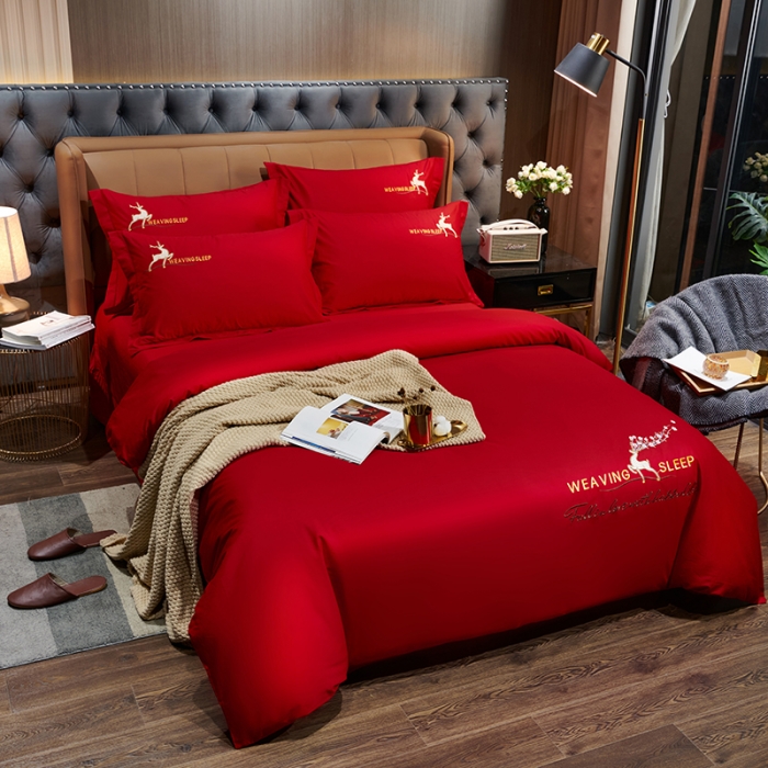 91家纺网 家纺一手货源 找家纺 U品汇春夏新品60s长绒棉绣花全棉刺绣四件套梅花鹿系列 大红