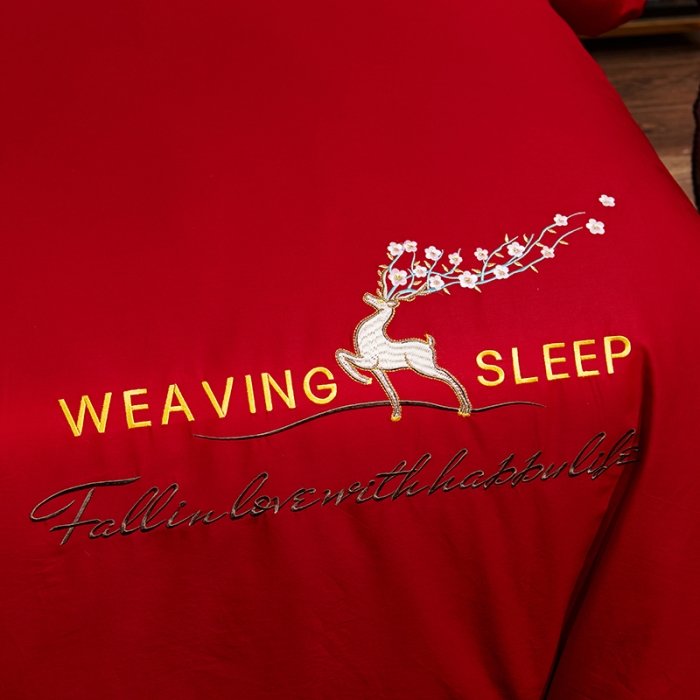 91家纺网 家纺一手货源 找家纺 U品汇春夏新品60s长绒棉绣花全棉刺绣四件套梅花鹿系列 大红