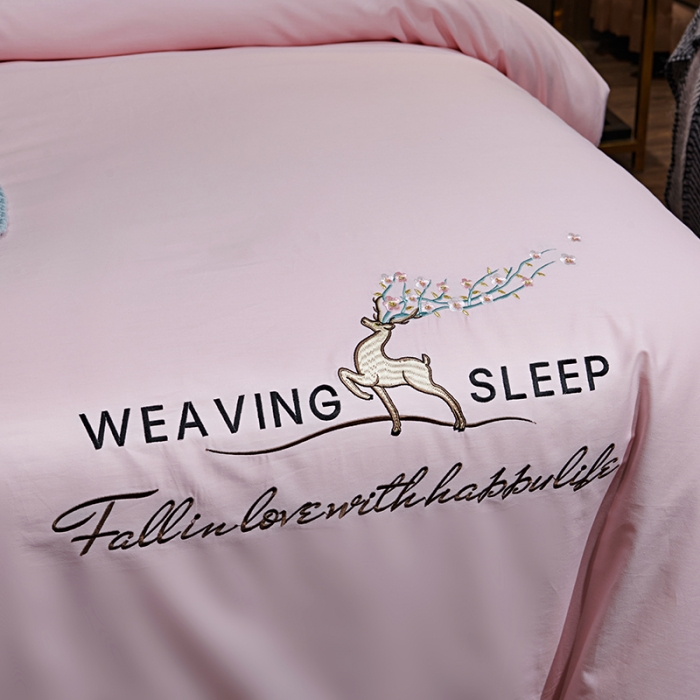 91家纺网 家纺一手货源 找家纺 U品汇春夏新品60s长绒棉绣花全棉刺绣四件套梅花鹿系列少女粉