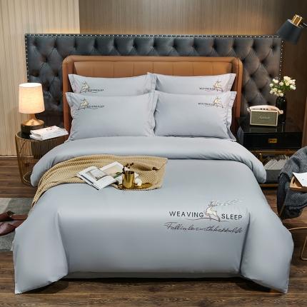 U品汇春夏新品60s长绒棉绣花全棉刺绣四件套梅花鹿系列绅士灰