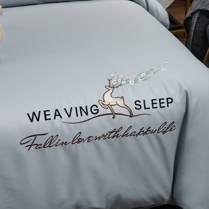 91家纺网 家纺一手货源 找家纺 U品汇春夏新品60s长绒棉绣花全棉刺绣四件套梅花鹿系列绅士灰