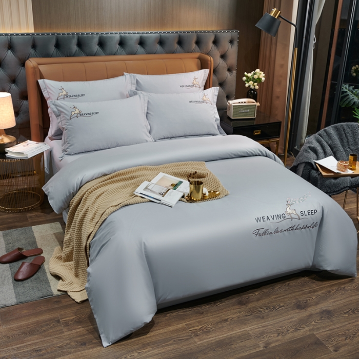 91家纺网 家纺一手货源 找家纺 U品汇春夏新品60s长绒棉绣花全棉刺绣四件套梅花鹿系列绅士灰