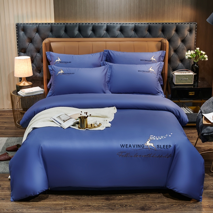 91家纺网 家纺一手货源 找家纺 U品汇春夏新品60s长绒棉绣花全棉刺绣四件套梅花鹿系列深邃蓝