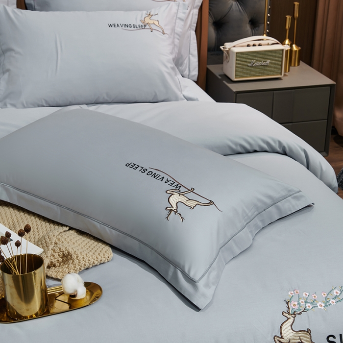 91家纺网 家纺一手货源 找家纺 U品汇春夏新品60s长绒棉绣花全棉刺绣四件套梅花鹿系列绅士灰