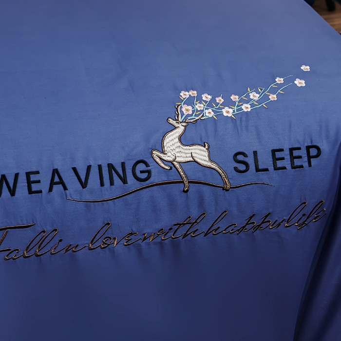 91家纺网 家纺一手货源 找家纺 U品汇春夏新品60s长绒棉绣花全棉刺绣四件套梅花鹿系列深邃蓝