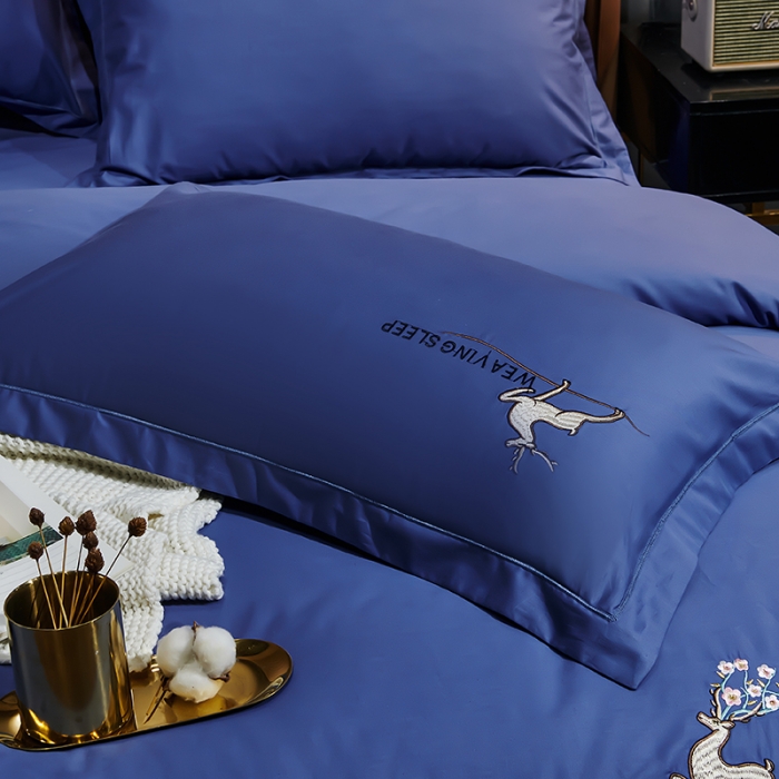 91家纺网 家纺一手货源 找家纺 U品汇春夏新品60s长绒棉绣花全棉刺绣四件套梅花鹿系列深邃蓝