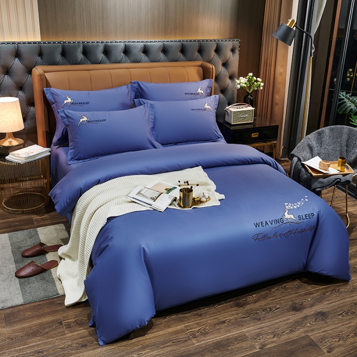 91家纺网 家纺一手货源 找家纺 U品汇春夏新品60s长绒棉绣花全棉刺绣四件套梅花鹿系列深邃蓝