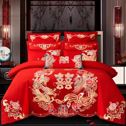 尹黛尔婚庆四件套大红色刺绣可配多件套床单款床盖款江山美人