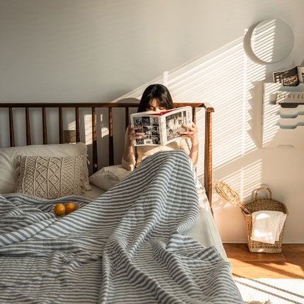 新款 全棉针织棉夏被 天竺棉夏凉被 蓝色条纹