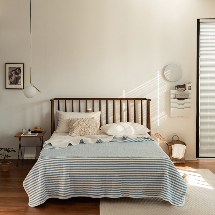 91家纺网 家纺一手货源 找家纺 新款 全棉针织棉夏被 天竺棉夏凉被 蓝色条纹