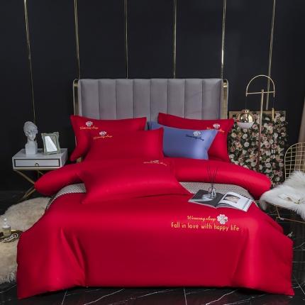 U品汇2021春夏新品60s长绒棉绣花全棉刺绣四件套四叶草 大红