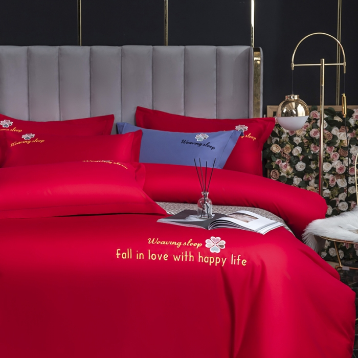 91家纺网 家纺一手货源 找家纺 U品汇2021春夏新品60s长绒棉绣花全棉刺绣四件套四叶草 大红