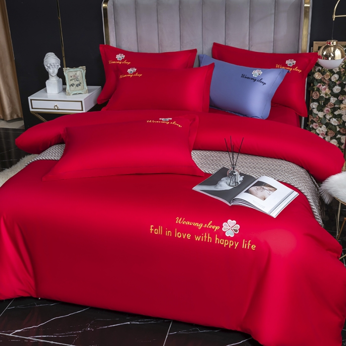 91家纺网 家纺一手货源 找家纺 U品汇2021春夏新品60s长绒棉绣花全棉刺绣四件套四叶草 大红