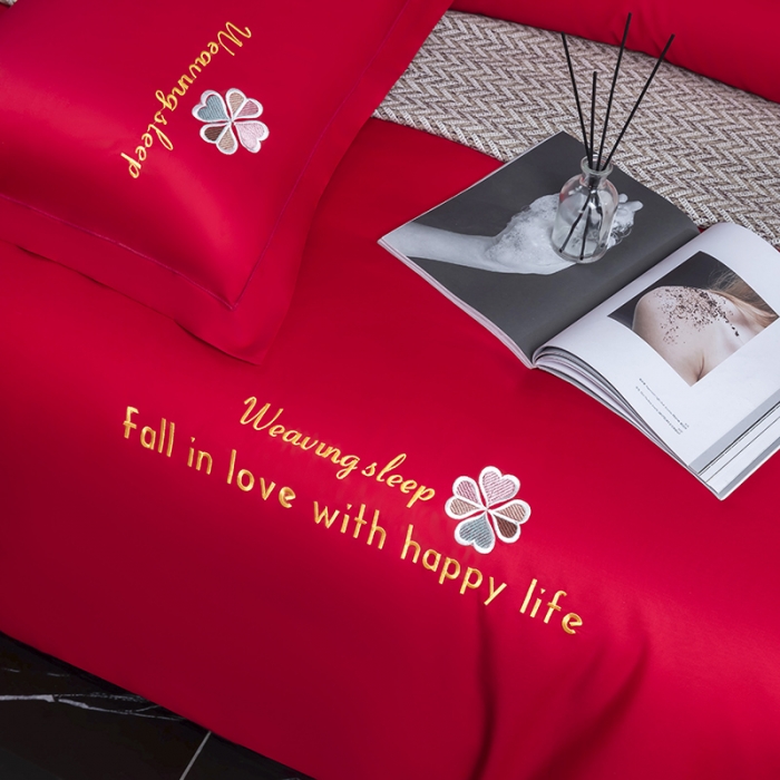 91家纺网 家纺一手货源 找家纺 U品汇2021春夏新品60s长绒棉绣花全棉刺绣四件套四叶草 大红