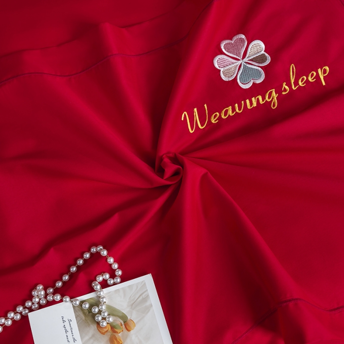 91家纺网 家纺一手货源 找家纺 U品汇2021春夏新品60s长绒棉绣花全棉刺绣四件套四叶草 大红