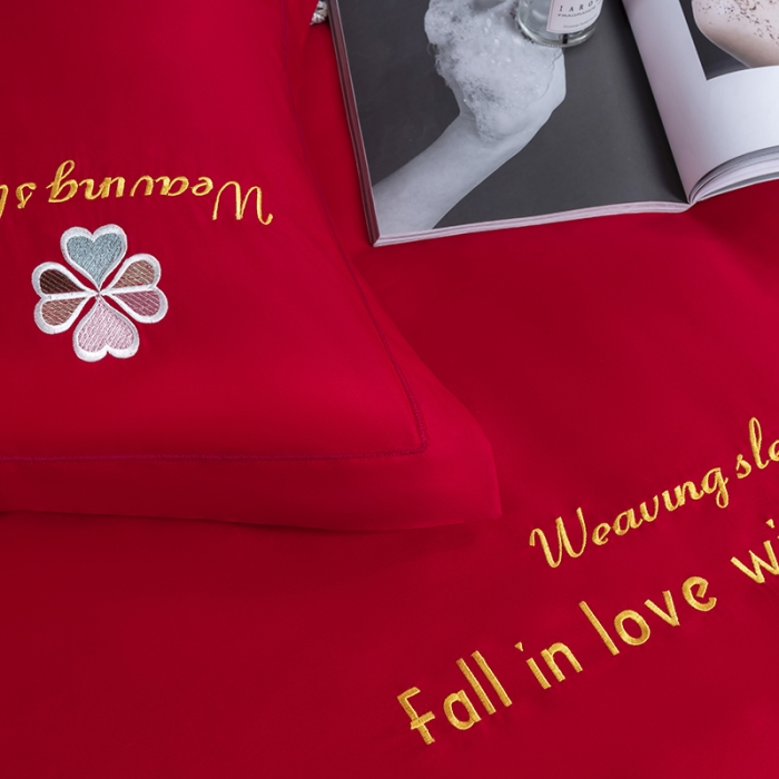 91家纺网 家纺一手货源 找家纺 U品汇2021春夏新品60s长绒棉绣花全棉刺绣四件套四叶草 大红