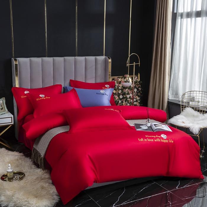 91家纺网 家纺一手货源 找家纺 U品汇2021春夏新品60s长绒棉绣花全棉刺绣四件套四叶草 大红