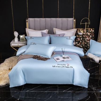 91家纺网 家纺一手货源 找家纺 U品汇 2021春夏新品60s长绒棉绣花全棉刺绣四件套四叶草 蒂芙尼蓝