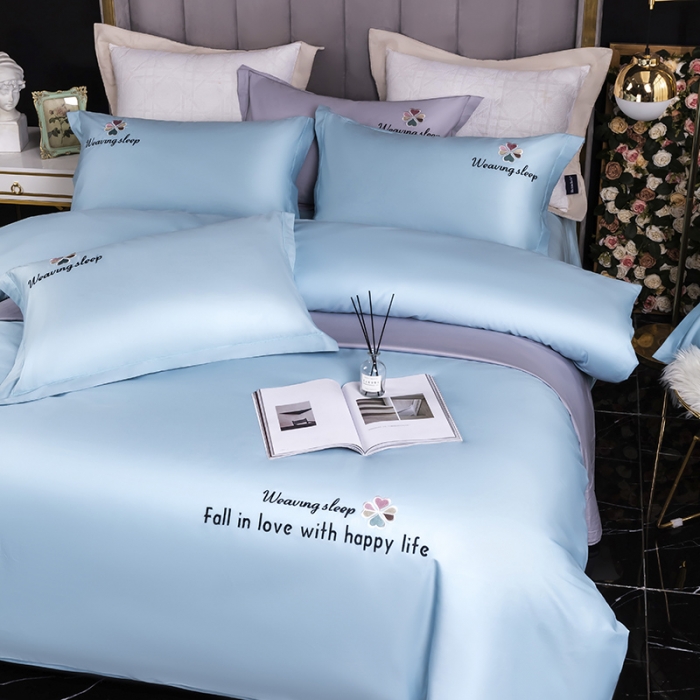 91家纺网 家纺一手货源 找家纺 U品汇 2021春夏新品60s长绒棉绣花全棉刺绣四件套四叶草 蒂芙尼蓝