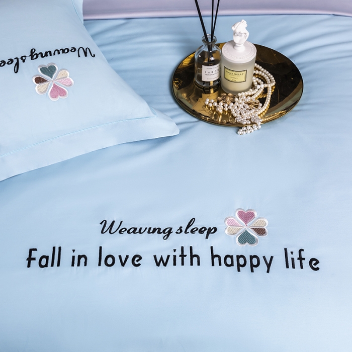 91家纺网 家纺一手货源 找家纺 U品汇 2021春夏新品60s长绒棉绣花全棉刺绣四件套四叶草 蒂芙尼蓝