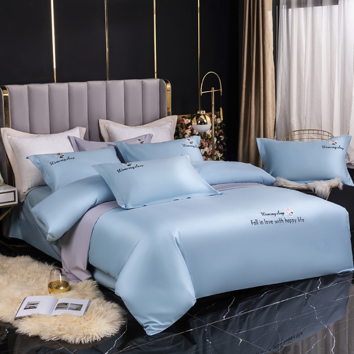 91家纺网 家纺一手货源 找家纺 U品汇 2021春夏新品60s长绒棉绣花全棉刺绣四件套四叶草 蒂芙尼蓝