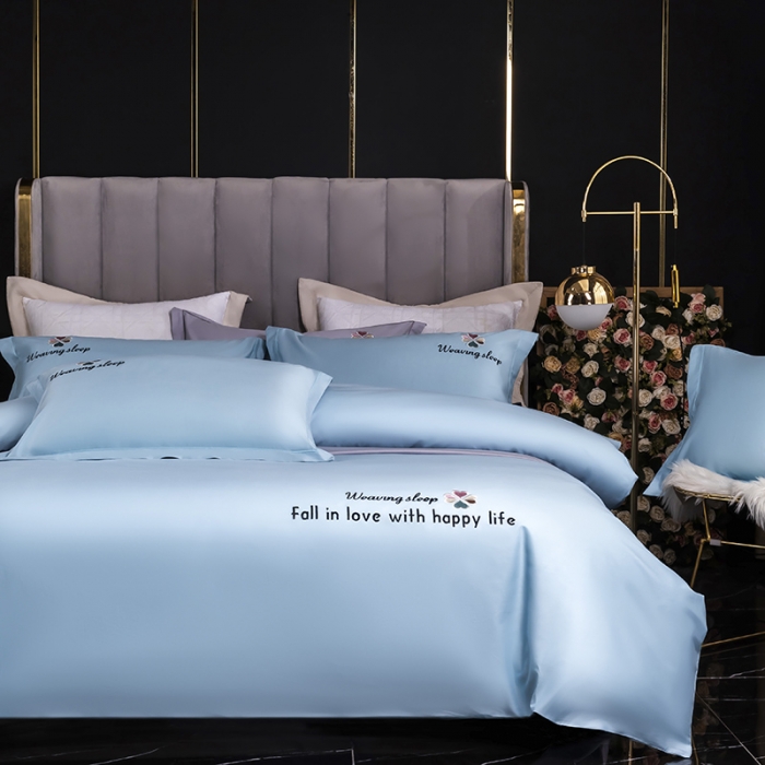 91家纺网 家纺一手货源 找家纺 U品汇 2021春夏新品60s长绒棉绣花全棉刺绣四件套四叶草 蒂芙尼蓝