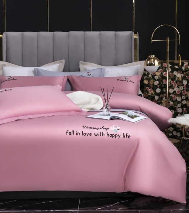 91家纺网 家纺一手货源 找家纺 U品汇2021春夏新品60s长绒棉绣花全棉刺绣四件套四叶草 豆沙