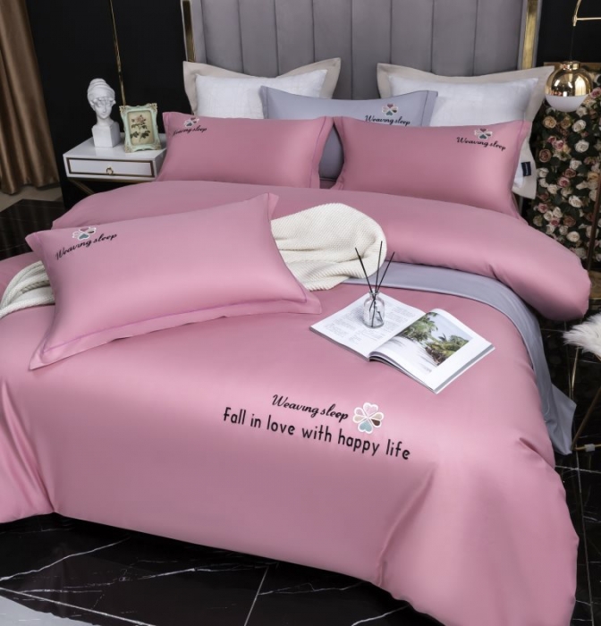 91家纺网 家纺一手货源 找家纺 U品汇2021春夏新品60s长绒棉绣花全棉刺绣四件套四叶草 豆沙