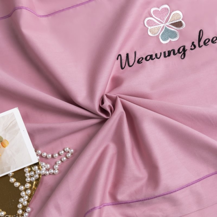 91家纺网 家纺一手货源 找家纺 U品汇2021春夏新品60s长绒棉绣花全棉刺绣四件套四叶草 豆沙