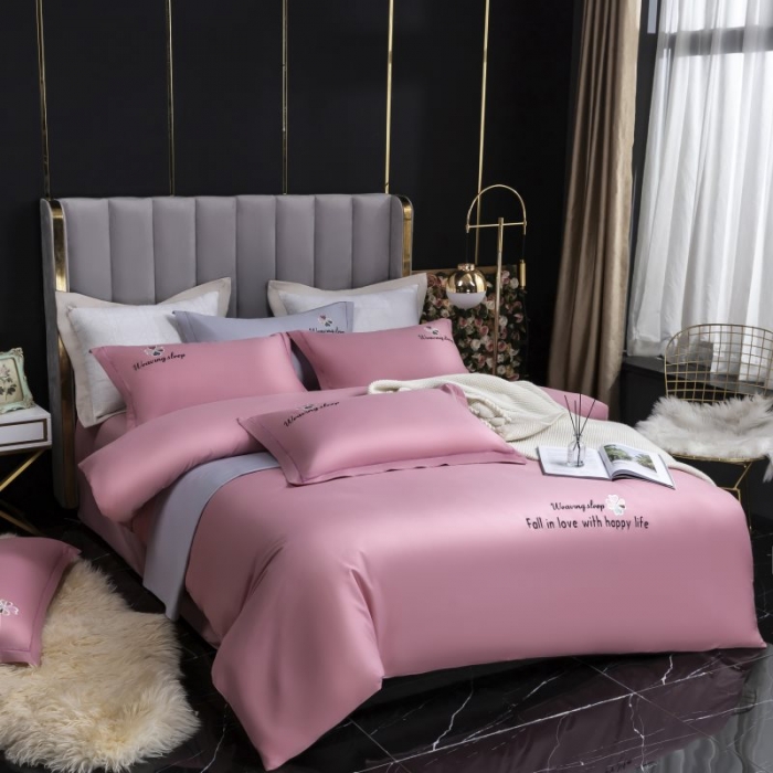 91家纺网 家纺一手货源 找家纺 U品汇2021春夏新品60s长绒棉绣花全棉刺绣四件套四叶草 豆沙