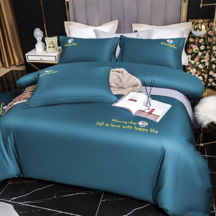 91家纺网 家纺一手货源 找家纺 U品汇2021春夏新品60s长绒棉绣花全棉刺绣四件套四叶草 墨绿