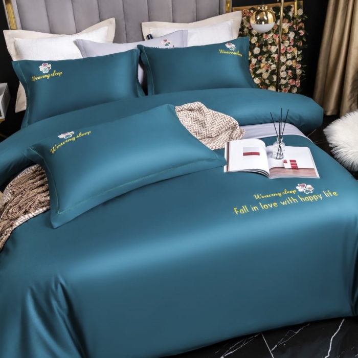 91家纺网 家纺一手货源 找家纺 U品汇2021春夏新品60s长绒棉绣花全棉刺绣四件套四叶草 墨绿