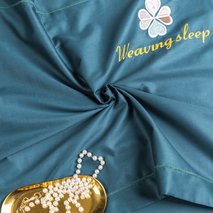 91家纺网 家纺一手货源 找家纺 U品汇2021春夏新品60s长绒棉绣花全棉刺绣四件套四叶草 墨绿