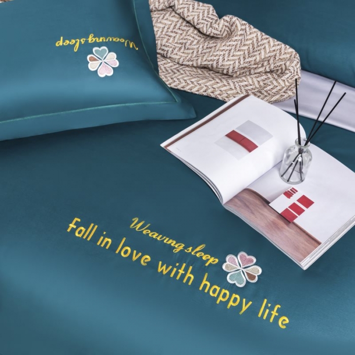 91家纺网 家纺一手货源 找家纺 U品汇2021春夏新品60s长绒棉绣花全棉刺绣四件套四叶草 墨绿