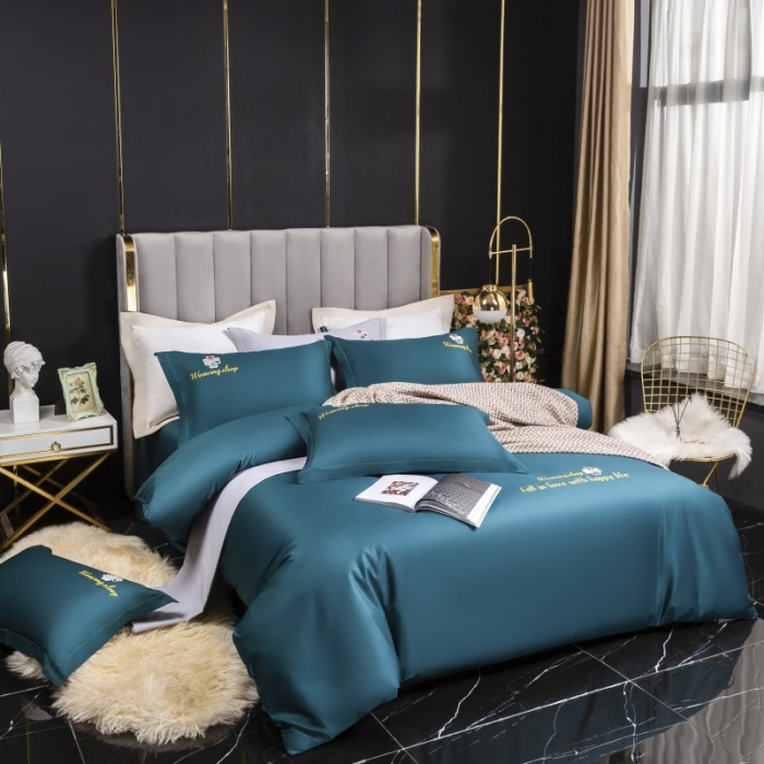 91家纺网 家纺一手货源 找家纺 U品汇2021春夏新品60s长绒棉绣花全棉刺绣四件套四叶草 墨绿