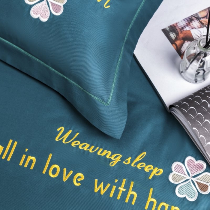 91家纺网 家纺一手货源 找家纺 U品汇2021春夏新品60s长绒棉绣花全棉刺绣四件套四叶草 墨绿