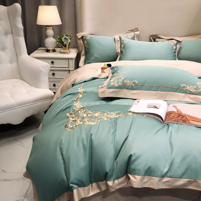 91家纺网 家纺一手货源 找家纺 馨蕊家居 2021新品春夏高定100支格调四件套豆绿