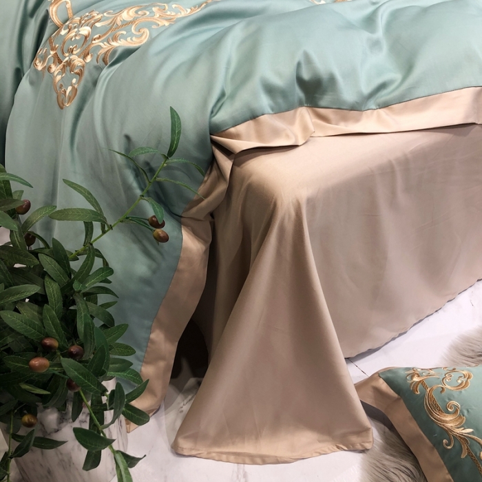 91家纺网 家纺一手货源 找家纺 馨蕊家居 2021新品春夏高定100支格调四件套豆绿