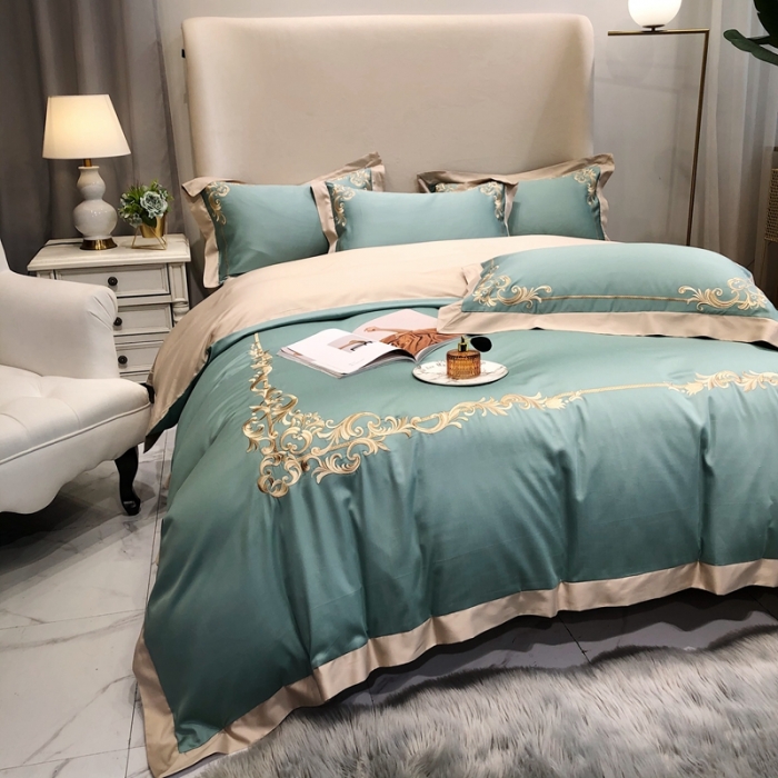 91家纺网 家纺一手货源 找家纺 馨蕊家居 2021新品春夏高定100支格调四件套豆绿