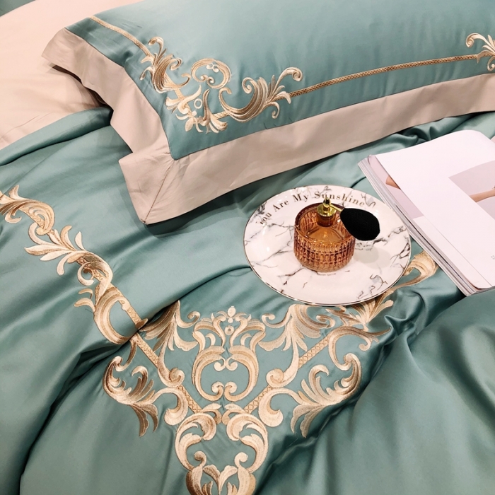 91家纺网 家纺一手货源 找家纺 馨蕊家居 2021新品春夏高定100支格调四件套豆绿