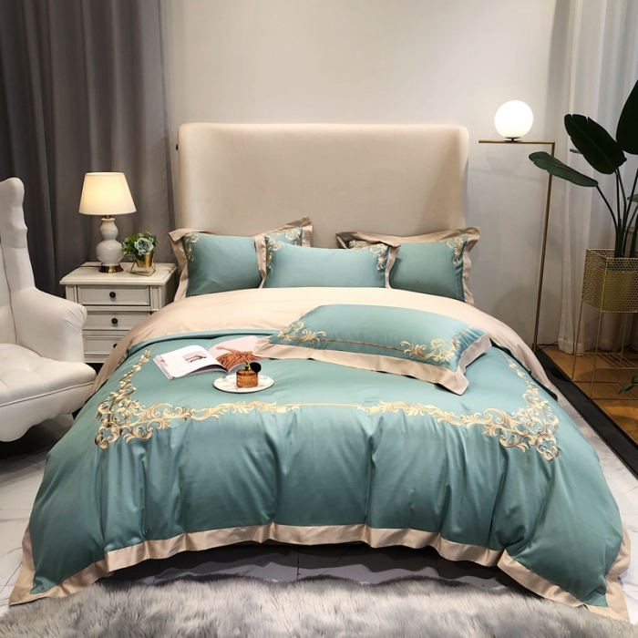 91家纺网 家纺一手货源 找家纺 馨蕊家居 2021新品春夏高定100支格调四件套豆绿