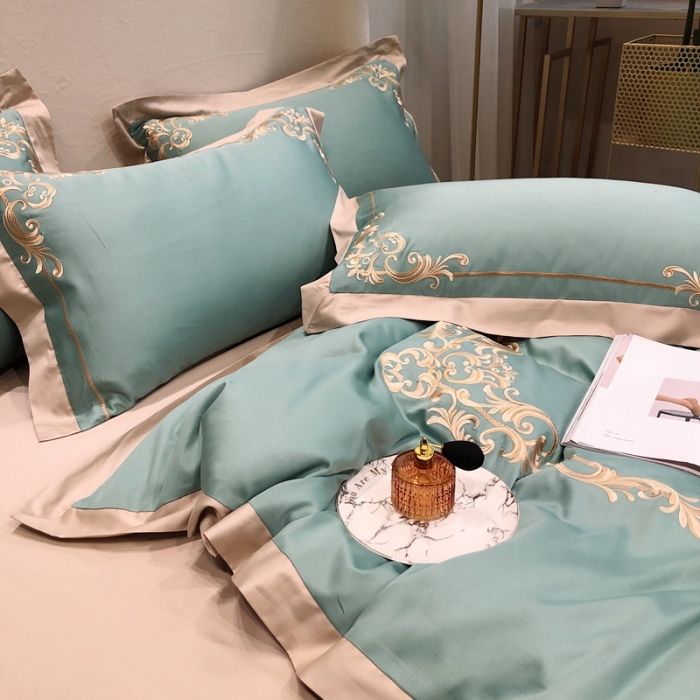 91家纺网 家纺一手货源 找家纺 馨蕊家居 2021新品春夏高定100支格调四件套豆绿