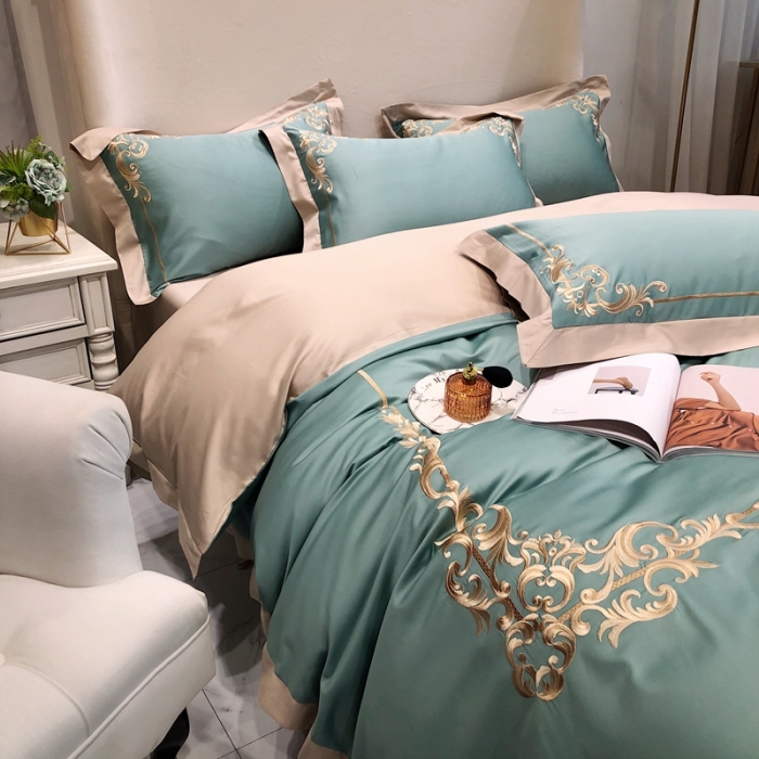 91家纺网 家纺一手货源 找家纺 馨蕊家居 2021新品春夏高定100支格调四件套豆绿