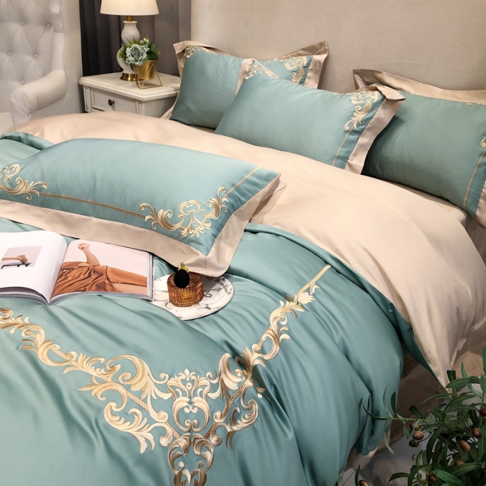 91家纺网 家纺一手货源 找家纺 馨蕊家居 2021新品春夏高定100支格调四件套豆绿