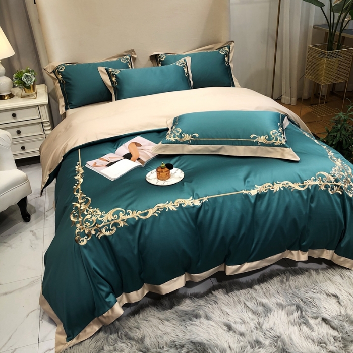 91家纺网 家纺一手货源 找家纺 馨蕊家居 2021新品春夏高定100支格调四件套翡翠绿