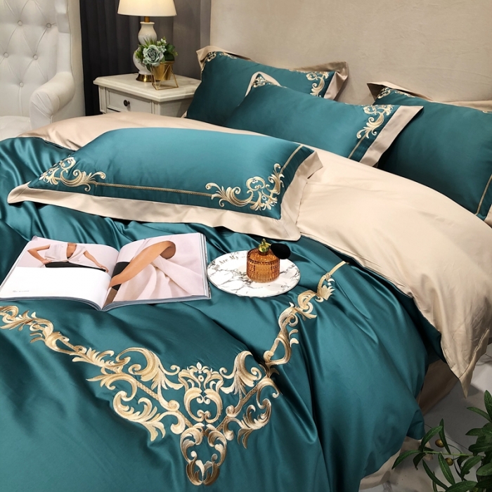 91家纺网 家纺一手货源 找家纺 馨蕊家居 2021新品春夏高定100支格调四件套翡翠绿