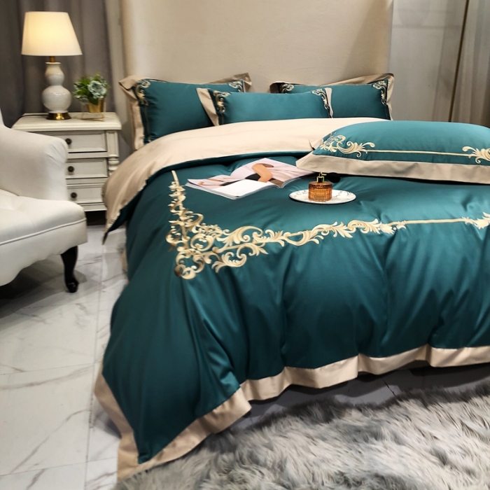 91家纺网 家纺一手货源 找家纺 馨蕊家居 2021新品春夏高定100支格调四件套翡翠绿