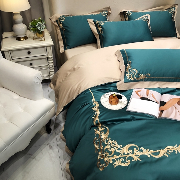 91家纺网 家纺一手货源 找家纺 馨蕊家居 2021新品春夏高定100支格调四件套翡翠绿