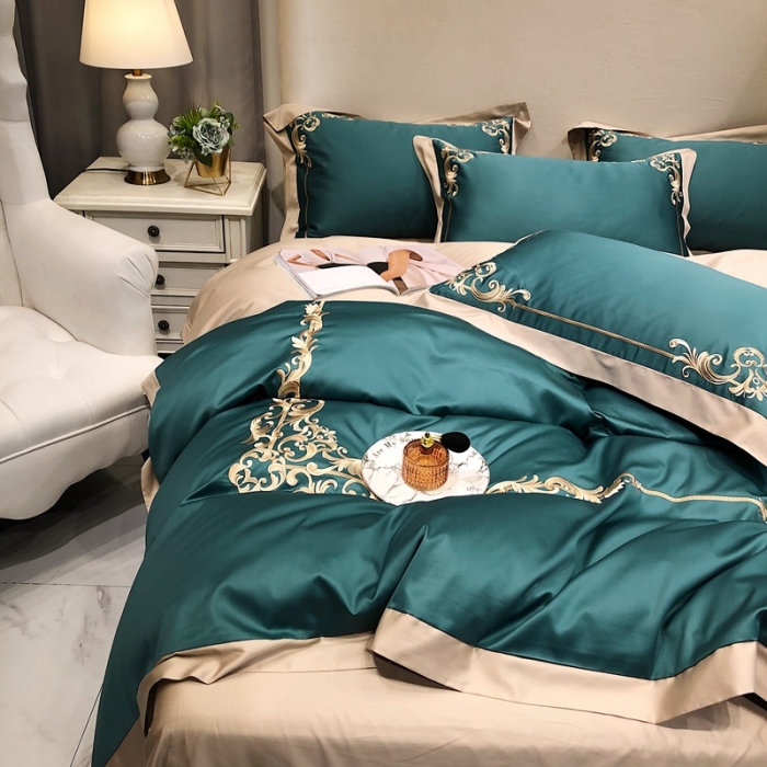 91家纺网 家纺一手货源 找家纺 馨蕊家居 2021新品春夏高定100支格调四件套翡翠绿